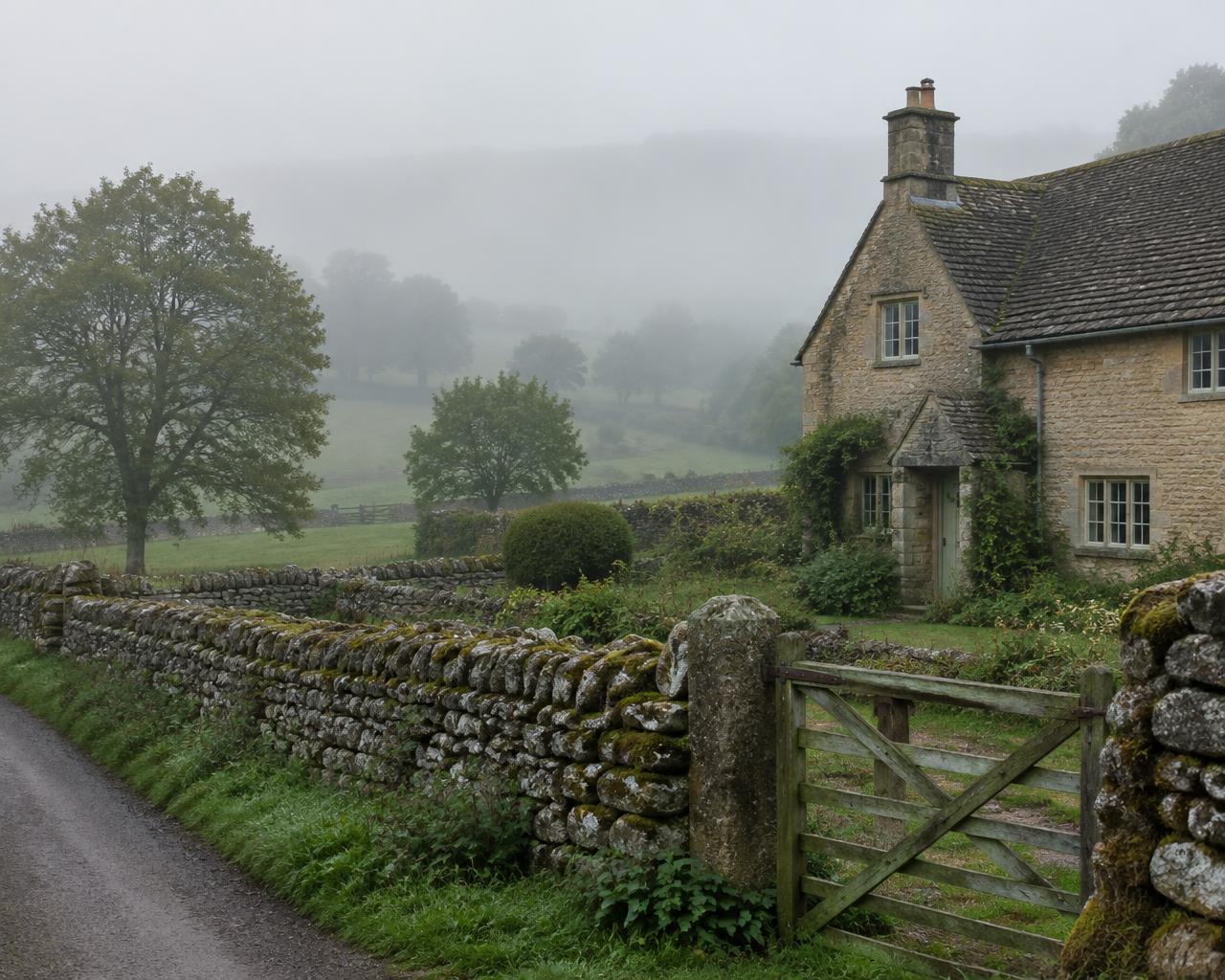 Stone cottage and dry stone walls in the British countryside