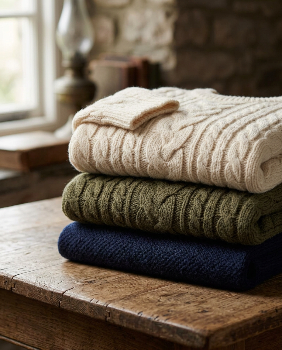 Cream, olive and navy country knitwear folded on a wooden table