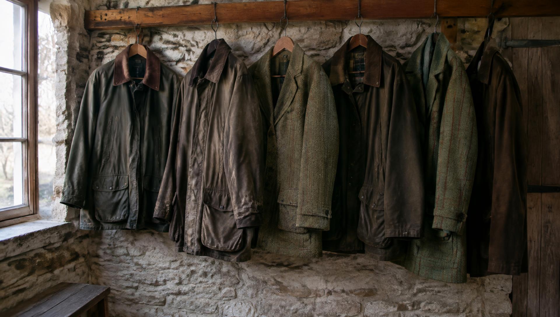 Pre-owned waxed and tweed jackets hanging on a rail